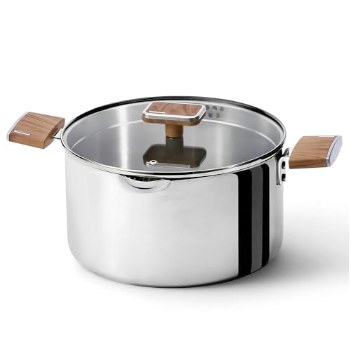 CAROTE 6QT Stainless Steel Stock Pot with Glass Lid, Large Soup Pot with Wood-Grain Handles, Deep Pot for Soup, Pasta & Stew