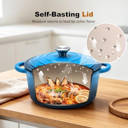 WOKINS Enameled Cast Iron Dutch Oven - 7QT Pot with Lid,Oven Safe to 500°F,Heavy-Duty Cookware for Sourdough Bread Baking,Braising,Stews,Roasting Blue