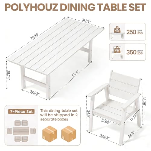 Polyhouz Outdoor Dining Set for 6, 7-Piece Patio Table and Chairs Set, HDPE Outdoor Dining Table and Chairs with Umbrella Hole, All-Weather Dining Furniture Set,White