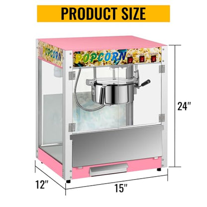 Commercial Popcorn Machine with 8 Oz Kettle, 850 W Countertop Popcorn Maker for 48 Cups per Batch, Theater Style Popper with 3 Switch Control Steel Frame Tempered Glass Doors (pink, 8OZ)