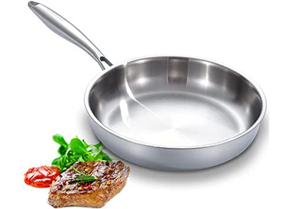 DELARLO Full Clad Tri-Ply Stainless Steel Frying Pan 10 inch, All Stove Compatible Up to 600℉, Heavy Duty, Oven Safe Skillet, 18/10 Cooking Pan, Chef's Pan for Kitchen, Omelette Pan, Flat Bottom