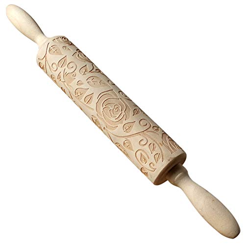 Ragyzity Wooden Embossed Rolling Pin for Baking, Rose Flower Embossed Engraved Carved Rolling Pin, Wooden Roll Pin Laser Engraved Rolling Pin DIY Tool for Making Cookie Dough Crusts Pies Pastry