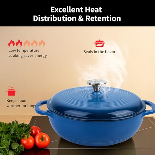 Enameled Cast Iron Braiser, 3 Quart Enameled Cast Iron Skillet with Lid, Oven Safe up to 500° F or on Stovetop, Suitable for Marinate, Cook, Bake, Refrigerate and Serve, Blue