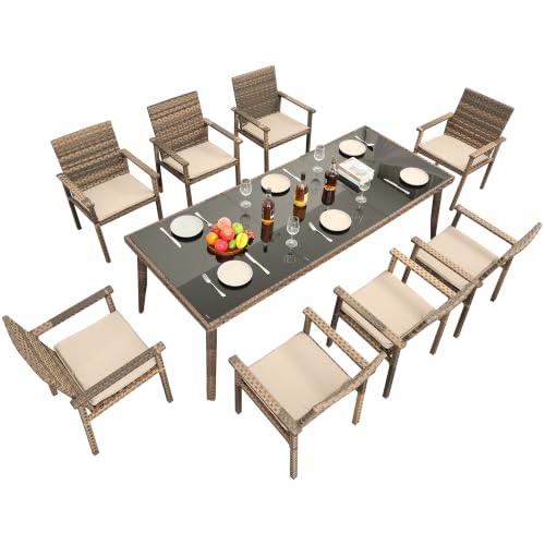 Rattaner Brown Wicker Patio Dining Set for 6 Outdoor Dining Glass Table and Chairs 7 Pieces with Waterproof Cover and Cushions, Khaki