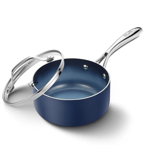KOCH SYSTEME CS Nonstick Sauce Pan with Lid, 1 Quart Saucepan with Lid, 1 QT Nonstick Ceramic Small Sauce Pan with Stainless Steel Handle, Non-Toxic Ceramic Saucepan, Oven Safe, Gradient Blue