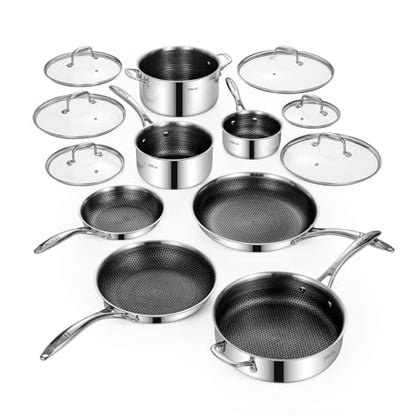 Deluxe 13 Piece Hybrid Ceramic Nonstick Stainless Steel Cookware Set-5 Piece Frying Pan Set, 6 PC Pot Set, 3.7QT Deep Sauté Pan&Lid, Induction Ready, Stay Cool, PFOA Free Compatible with All Cooktops