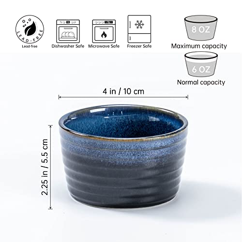 Henten Home Ceramic 8 oz Ramekins Set of 6, Porcelain Souffle and Creme Brulee Ramekins, Oven Safe Small Bowls, Reactive Glaze (Blue)