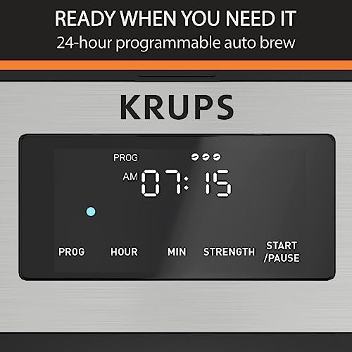 KRUPS Simply Brew: Stainless Steel and Glass Carafe 12 Cup Drip Coffee Maker, Programmable with Digital Display, Dishwasher Safe, Drip Free Coffee Machine, Black and Silver