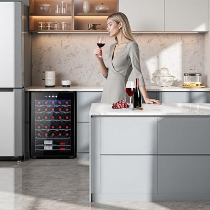 COWSAR 37 Bottle Wine Fridge, Freestanding Commercial Beverage Refrigerator with Smart Temp Control, 4.45 Cu.Ft Mini Fridge Wine Cooler with Child Lock& Wavy Wire Shelves for Kitchen Bar, Black