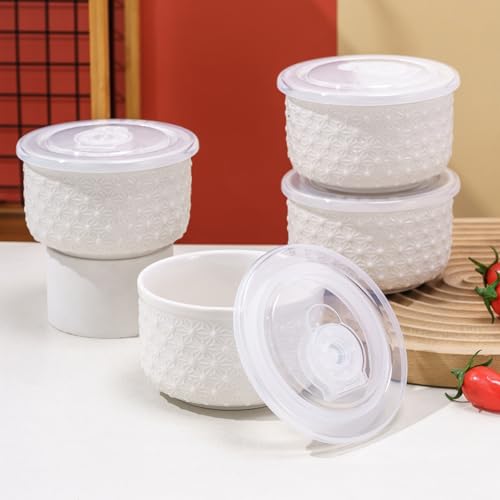 Mosuji 10 oz Set of 4 Oven-Safe Porcelain Ramekins with Lids, Large White Souffle and Creme Brulee Baking Dishes, Ramekin Bowls for Sauce and Dessert