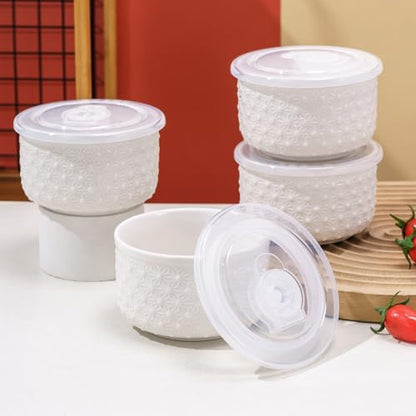 Mosuji 10 oz Set of 4 Oven-Safe Porcelain Ramekins with Lids, Large White Souffle and Creme Brulee Baking Dishes, Ramekin Bowls for Sauce and Dessert