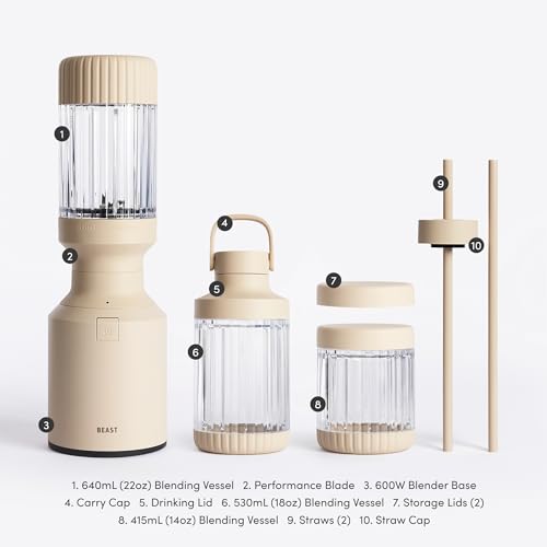 The Beast Mini Blender Plus | Mini Countertop Kitchen Blender | Blend Smoothies and Shakes, Dressings, Sauces, Dips | Extra Vessels, Straw Cap and Straws Included | 600W (Sand)