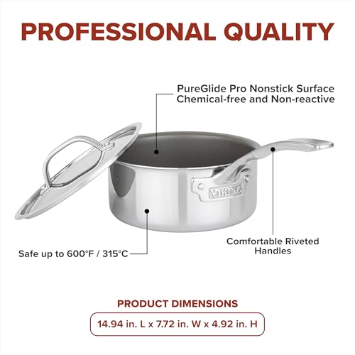 Viking PureGlide Pro 3-Ply Nonstick Sauce Pan, Made without PFAS, 2-Quart Induction Cooking Pot with Lid, Metal Utensil Safe Titanium Nonstick Surface, Oven Safe to 600F