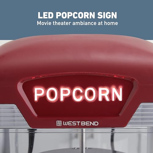West Bend Stir Crazy Movie Theater Popcorn Popper, Popcorn Maker Machine with Nonstick Popcorn Kettle, Measuring Tool and Popcorn Scoop for Popcorn Machine, 4 Qt., Red