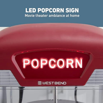 West Bend Stir Crazy Movie Theater Popcorn Popper, Popcorn Maker Machine with Nonstick Popcorn Kettle, Measuring Tool and Popcorn Scoop for Popcorn Machine, 4 Qt., Red