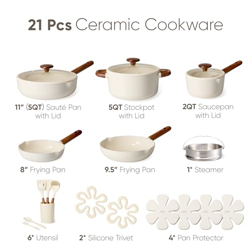 CAROTE 21pcs Cookware Set Nonstick Pots and Pans Set, Ceramic Cookware Set Induction Cookware, Non toxic Healthy Non Stick Kitchen Cooking Set, PFAS PTFE Free, White