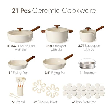 CAROTE 21pcs Cookware Set Nonstick Pots and Pans Set, Ceramic Cookware Set Induction Cookware, Non toxic Healthy Non Stick Kitchen Cooking Set, PFAS PTFE Free, White