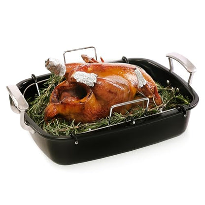 Uukrave Turkey Roasting Pan with Rack (U-Shaped), Extra Large 18.5 x 14.6 Inch Nonstick Roaster Pan for 25 lb Turkey or Chicken, Deep Oven Tray with Wide Handles, Heavy Duty Steel, Nontoxic