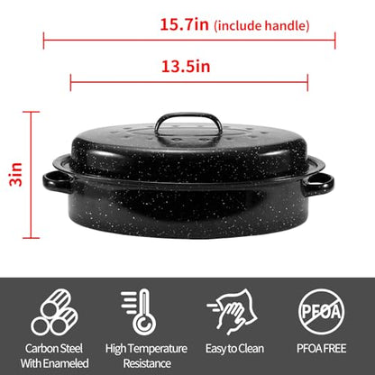 Granite Roasting Pan, Medium 15.7” Enameled Roasting Pan with Domed Lid. Oval Turkey Roaster Pot, Broiler Pan Great for Small Turkey, Chicken, Ham, Dishwasher Safe Fit for Roast Bird by Kendane