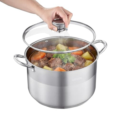 VEVOR Stainless Steel Stock Pot, 12QT Stainless Steel Stockpot with Glass Lid, PFOA-Free, PFAS-Free, Compatible with Gas Stoves, Induction Cooktops, Electric Stoves, for Soups, Stews, and Pasta