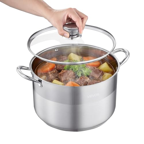 VEVOR Stainless Steel Stock Pot, 12QT Stainless Steel Stockpot with Glass Lid, PFOA-Free, PFAS-Free, Compatible with Gas Stoves, Induction Cooktops, Electric Stoves, for Soups, Stews, and Pasta