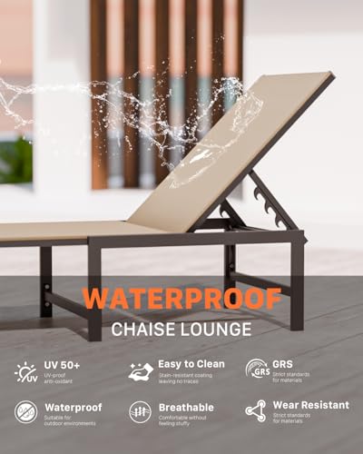 WOAJNQO Chaise Lounge Chair Outdoor,Aluminum Patio Lounge Chairs,Lounge Chairs with 5 Adjustable Backrest for Outside Beach Lawn and Backyard,Khaki