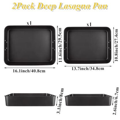 CYEAH 2 Pack Lasagna Pan Deep Baking Pan for Oven, 13.7 in & 16 inch Baking Dishes for Oven, Roasting Pan Brownie Pan with Handles, Nonstick Rectangle Cake Pans Sets for Baking Cooking, Black