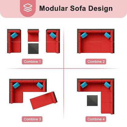 6 Pieces Patio Furniture Set Outdoor Couch Wicker Sectional Sofa, Red