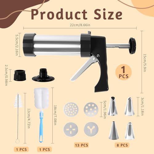 Tiaforza Stainless Steel Cookies Press Set, Churro Maker Machine, Cookie Press Gun Kit with 13 Cookie Discs, 8 Piping Tips and 2 Clean Brushes for DIY Biscuit/Cake Maker and Decorating Baking Supplies