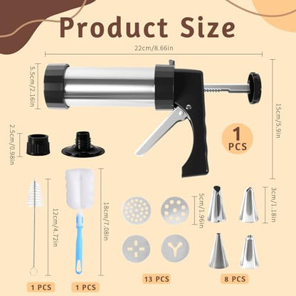 Tiaforza Stainless Steel Cookies Press Set, Churro Maker Machine, Cookie Press Gun Kit with 13 Cookie Discs, 8 Piping Tips and 2 Clean Brushes for DIY Biscuit/Cake Maker and Decorating Baking Supplies