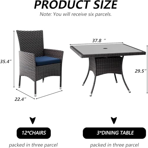 Kullavik 15 Pieces Outdoor Dining Set Patio Rattan Furniture Set,Patio Dining Table and Chairs Set with 12 Chairs and Cushions,Square Glass Tabletop with Umbrella Hole for Patio,Backyard,Navy Blue