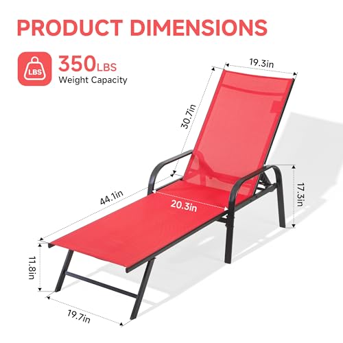 NEWBULIG Outdoor Lounge Chair for Pool, Chaise Lounge Chairs with 5-Position Recliner,350 lbs Heavy Duty Patio Pool Chair, Outdoor Sun Chairs with Metal Frame for Backyard, Classic Red