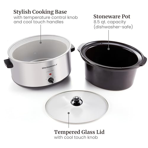 Elite Gourmet Stainless Steel Slow Cooker, Dishwasher-Safe with Tempered Glass Lid, Cool-Touch Handles, Removable Stoneware Pot, 8.5 Quart,MST-900V