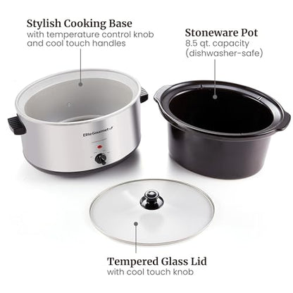 Elite Gourmet Stainless Steel Slow Cooker, Dishwasher-Safe with Tempered Glass Lid, Cool-Touch Handles, Removable Stoneware Pot, 8.5 Quart,MST-900V