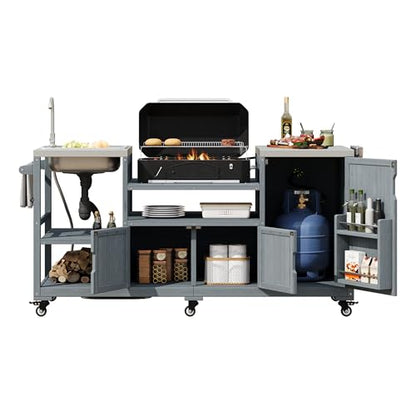 Outdoor Grill Cart with Sink and Big Green Egg, Rolling Outdoor Kitchen Island with Stainless Steel Top for Pizza Prep & BBQ (Grey Blue)