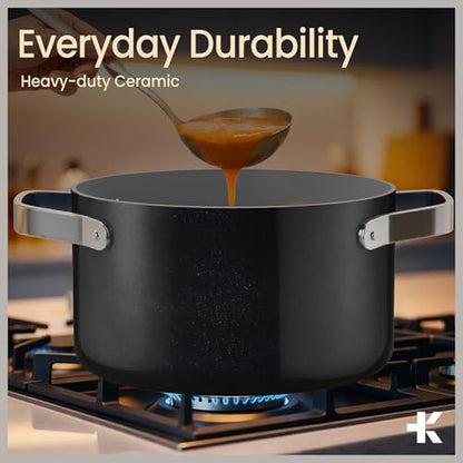 Bakken 16 Quart Ceramic Coated Stock Pot with Lid, Easy Clean Nonstick Pot, Tempered Glass Lid, Riveted Stainless Steel Handles, Oven Safe Up To 500°F, PTFE & PFAS Free, All Stove Compatible, Black