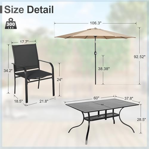 Crownland 7 Piece Patio Dining Set, Textilene Dining Sets, 6 Textilene Metal Chairs and Rectangular Outdoor Dining Table with Khaki 9FT Round Outdoor Umbrella (Black)