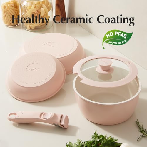 Redchef Pans and Pots Set Nonstick, Ceramic Cookware Set with Detachable Handles 16Pcs, Induction Dishwasher Oven Safe Kitchen Cooking Set, PFAS PFOA & PTFE Free, Pink