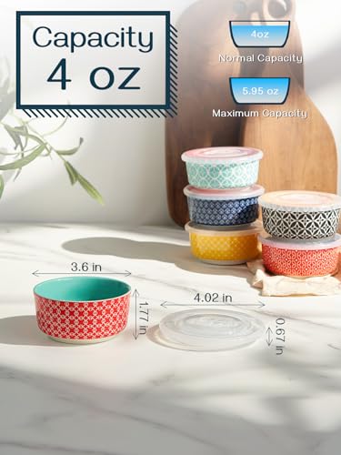 DOWAN Ramekins with Lids 4 oz Oven Safe for Creme Brulee Souffle, Ceramic Custard Cups for Baking, Small Bowls for Pudding Dip Ice Cream, Set of 6, Vibrant Colors