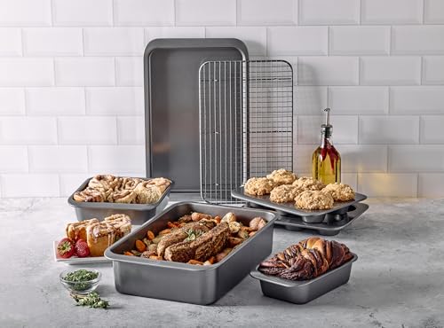 Chicago Metallic 7-Piece Nesting Bakeware Set - Carbon Steel Nonstick Baking Sheet, Loaf Pan, Muffin Pan, Cake Pan, Roaster and Cooling Rack - Space-Saving Kitchen Essentials