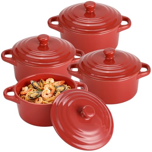4 Pcs Red Ceramic Small Cocotte Set, 5.3 x 3.1 in Small Ramekins with Lids & Handles, 10.1 Fl Oz Dutch Oven Safe Ceramic Bowls for Steaming, Baking, Desserts, Food