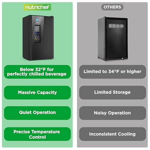 Nutrichef Beer Fridge 108 Can Capacity | Freestanding Beverage Refrigerator with Glass Door for Beer & Soda | Adjustable Temperature 21°F to 64°F | Adjustable Shelves | 19 x 17 x 33 IN | Black