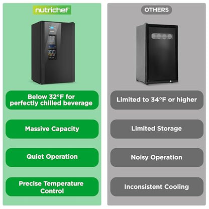 Nutrichef Beer Fridge 108 Can Capacity | Freestanding Beverage Refrigerator with Glass Door for Beer & Soda | Adjustable Temperature 21°F to 64°F | Adjustable Shelves | 19 x 17 x 33 IN | Black