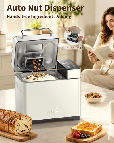 KBS 2.2LB Smart Bread Maker, 20-in-1 Automatic Bread Machine with Color Touchscreen, Dual Heaters, True Ceramic Pan, Auto Nut Dispenser, 2 Custom Programs, Sourdough&Gluten Free, White Stainless Steel