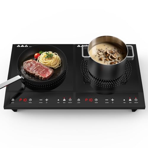 Waatfeet Double Induction Cooktop,Portable Induction Cooker with 2 Burner Independent Control,Ultrathin Body,10 Temperature,1800W-Multiple Power Levels,3 Hour Timer,Safety Lock