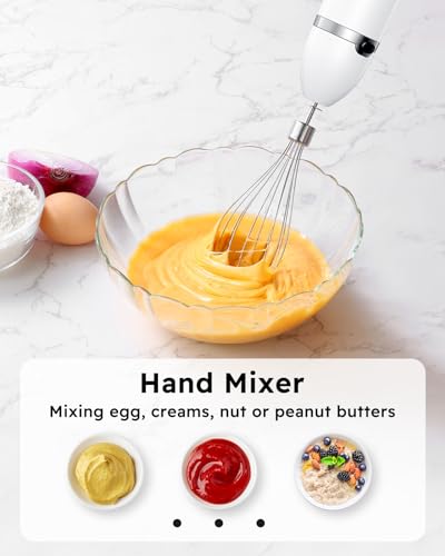 Sangcon Immersion Blender Handheld, 3-in-1 Hand Blender Electric, 400W Handheld Licuadora de mano, Stainless Steel Blade Stick Mixer with Whisk, Milk Frother Attachments White