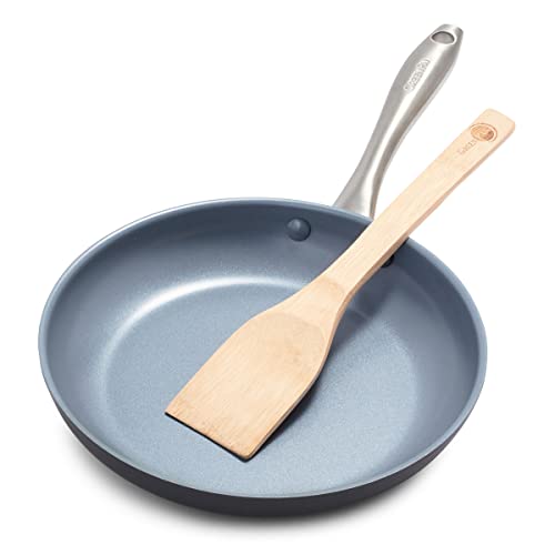 GreenPan Lima Hard Anodized 10" Frying Pan Skillet, Wood Spatula, Ceramic Nonstick, PFAS-Free Nontoxic Pots and Pans, Oven & Broiler Safe, Stainless Steel Handle, Cookware for Eggs & Omelet, Gray