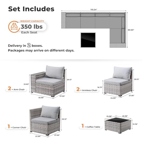ovios 6 Pieces Patio Furniture Set, Outdoor Wicker Sectional Sofa with Coffee Table Comfy Cushions, Modern Modular Deep Seat Couch Rattan Conversation Set, Dark Grey
