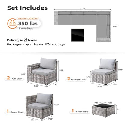 ovios 6 Pieces Patio Furniture Set, Outdoor Wicker Sectional Sofa with Coffee Table Comfy Cushions, Modern Modular Deep Seat Couch Rattan Conversation Set, Dark Grey