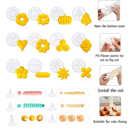 Cookie Press Gun Kit: 12 Discs & 6 Nozzles for Easy Baking. Make Spritz Cookies, Biscuits & Cheese Press. Ideal for Sweet & Cake Decorations. Includes 6 Piping Tips.